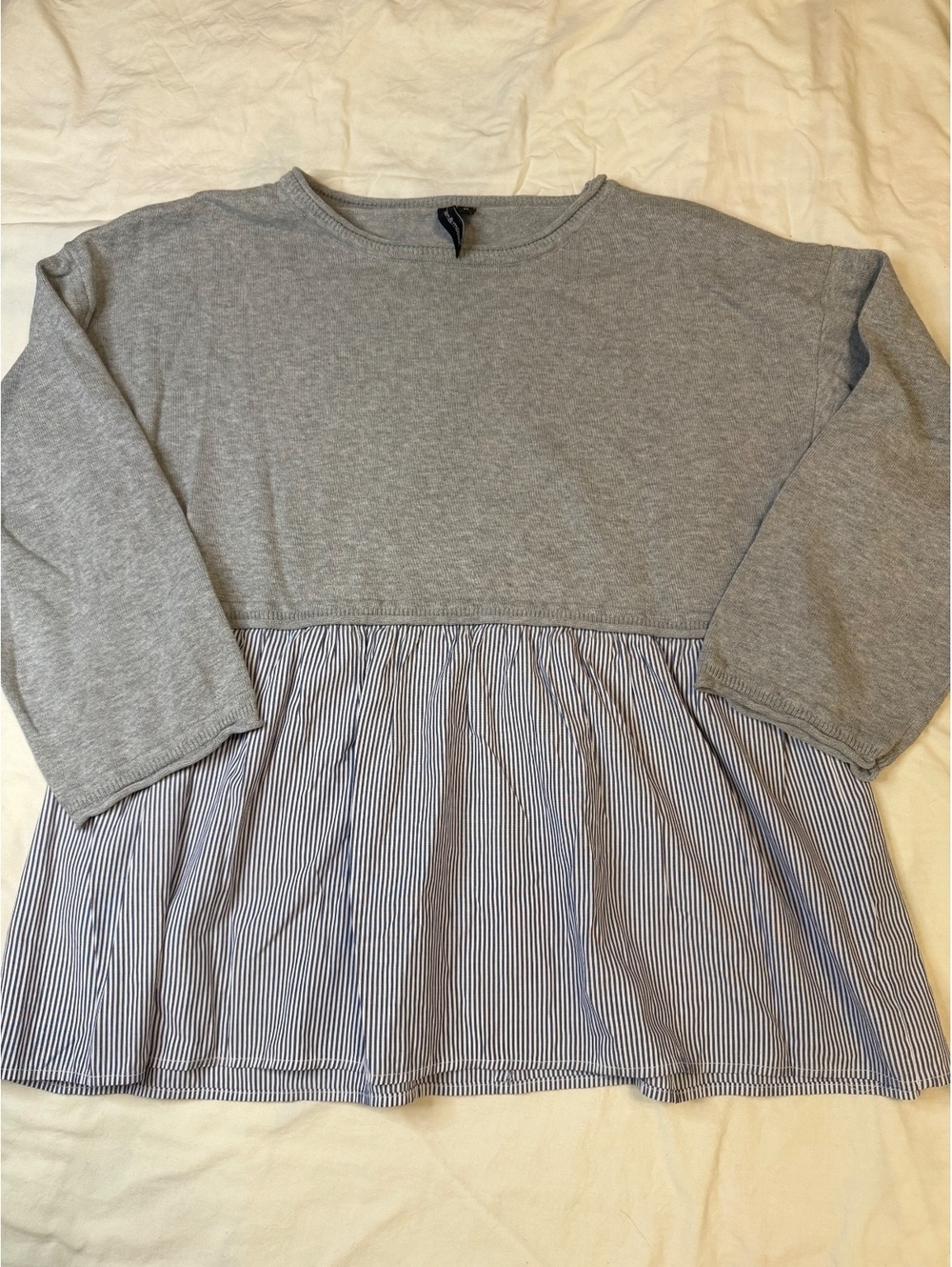 Moon & Madison Grey and Blue/White Pinstripe Mixed-Media Top